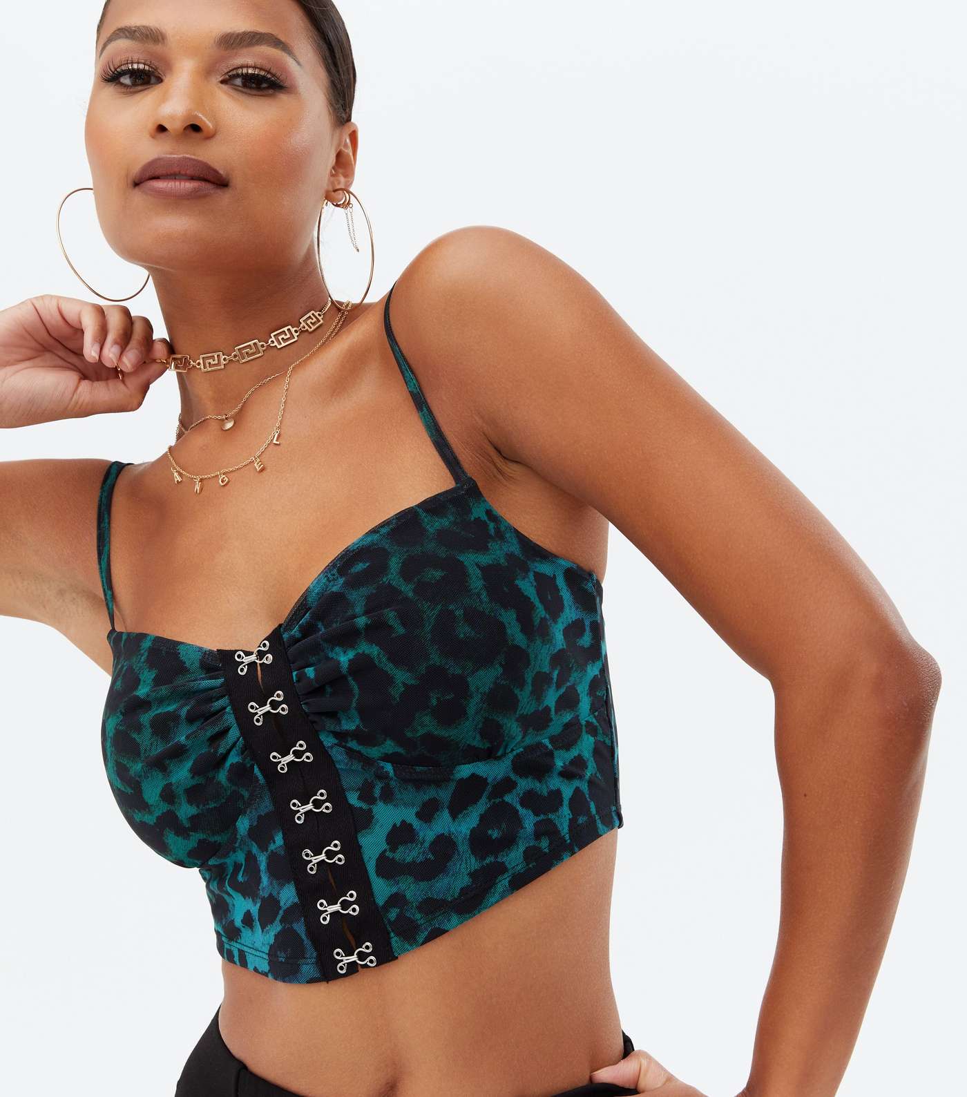 Green Leopard Print Hook and Eye Strappy Crop Top