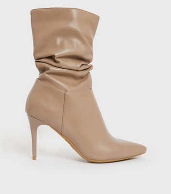 Cream Stiletto Heel Slouch Calf Boots