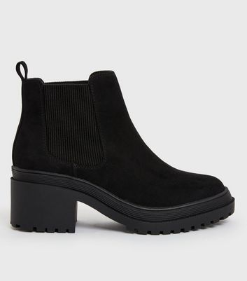 Wide Fit Black Suedette Block Heel Chunky Chelsea Boots