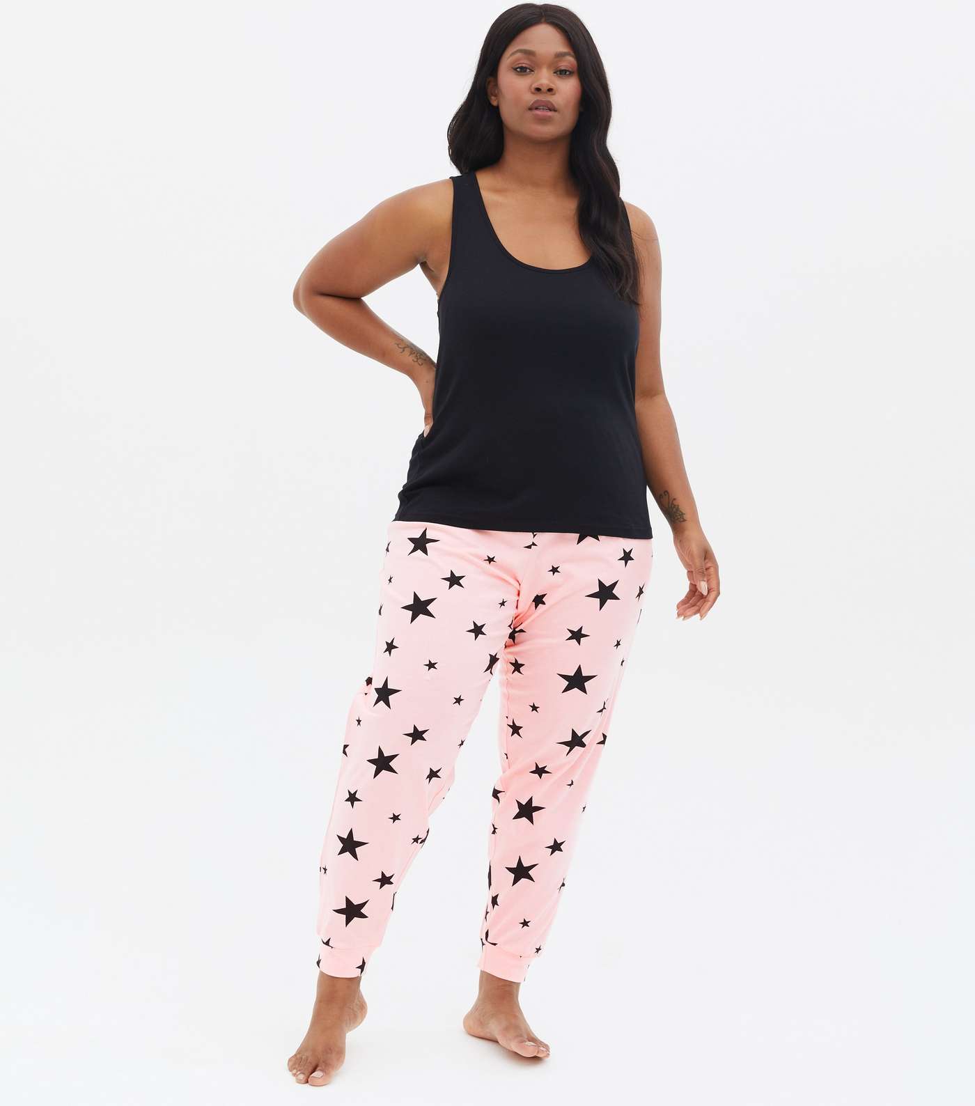Curves Black Vest and Jogger Pyjama Set with Star Print Image 2