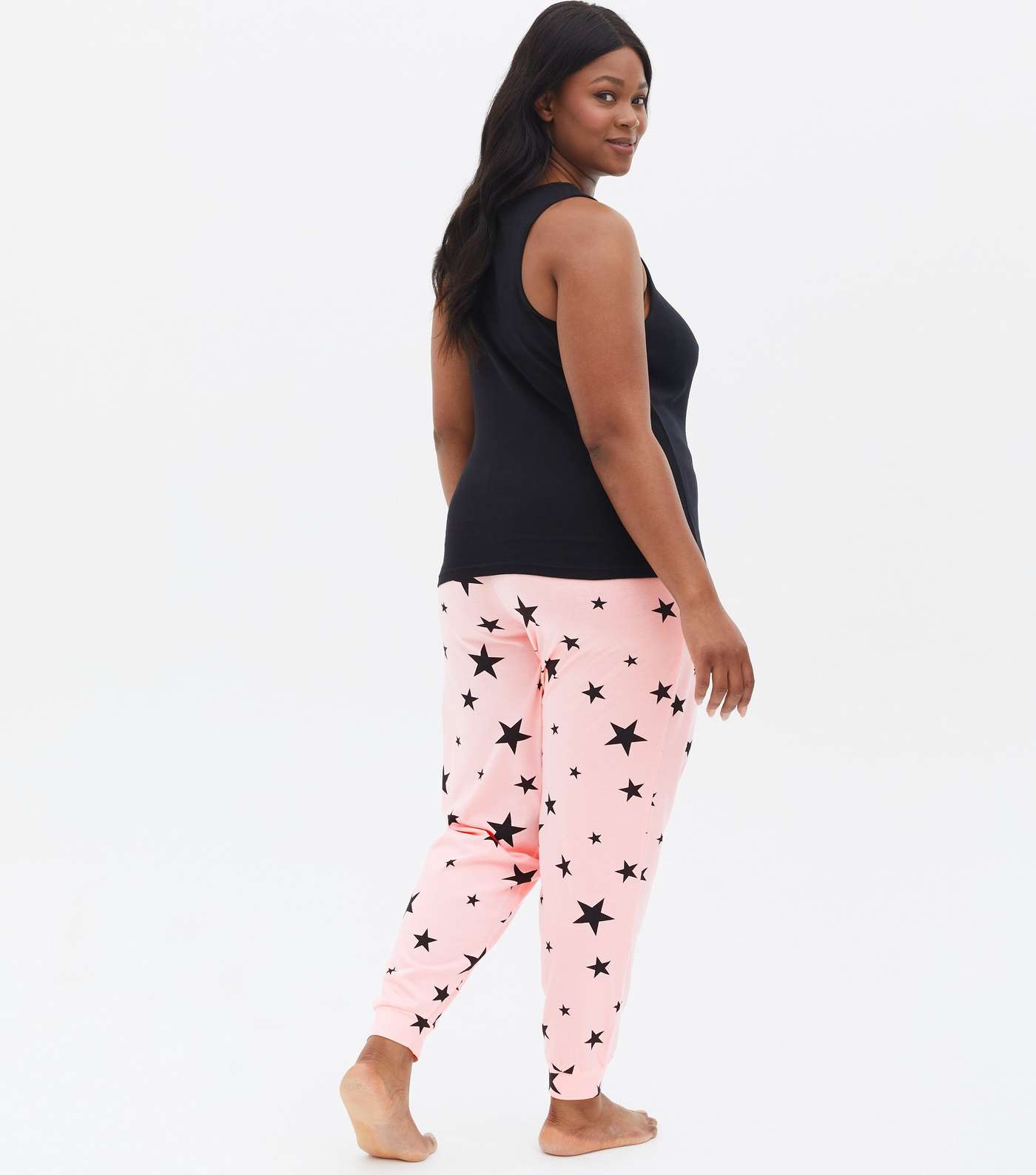 Curves Black Vest and Jogger Pyjama Set with Star Print Image 4