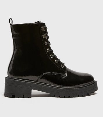 shop for Black Patent Lace Up Chunky Boots New Look Vegan at Shopo