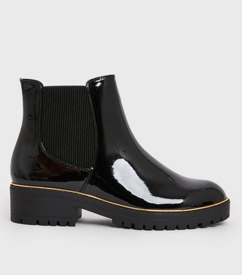 Womens Shoes Boots Ankle boots New Look Wide Fit Patent Metal Trim Chunky Chelsea Boots Vegan in Black 