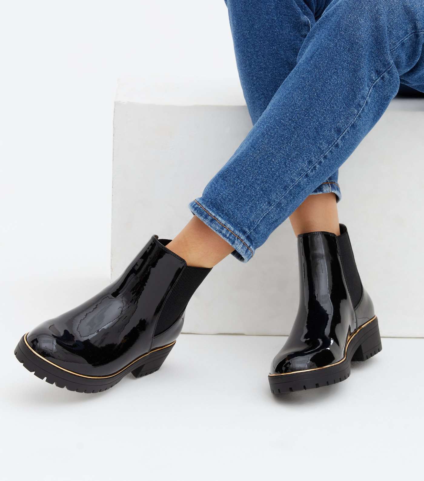 Wide Fit Black Patent Metal Trim Chunky Chelsea Boots Image 2
