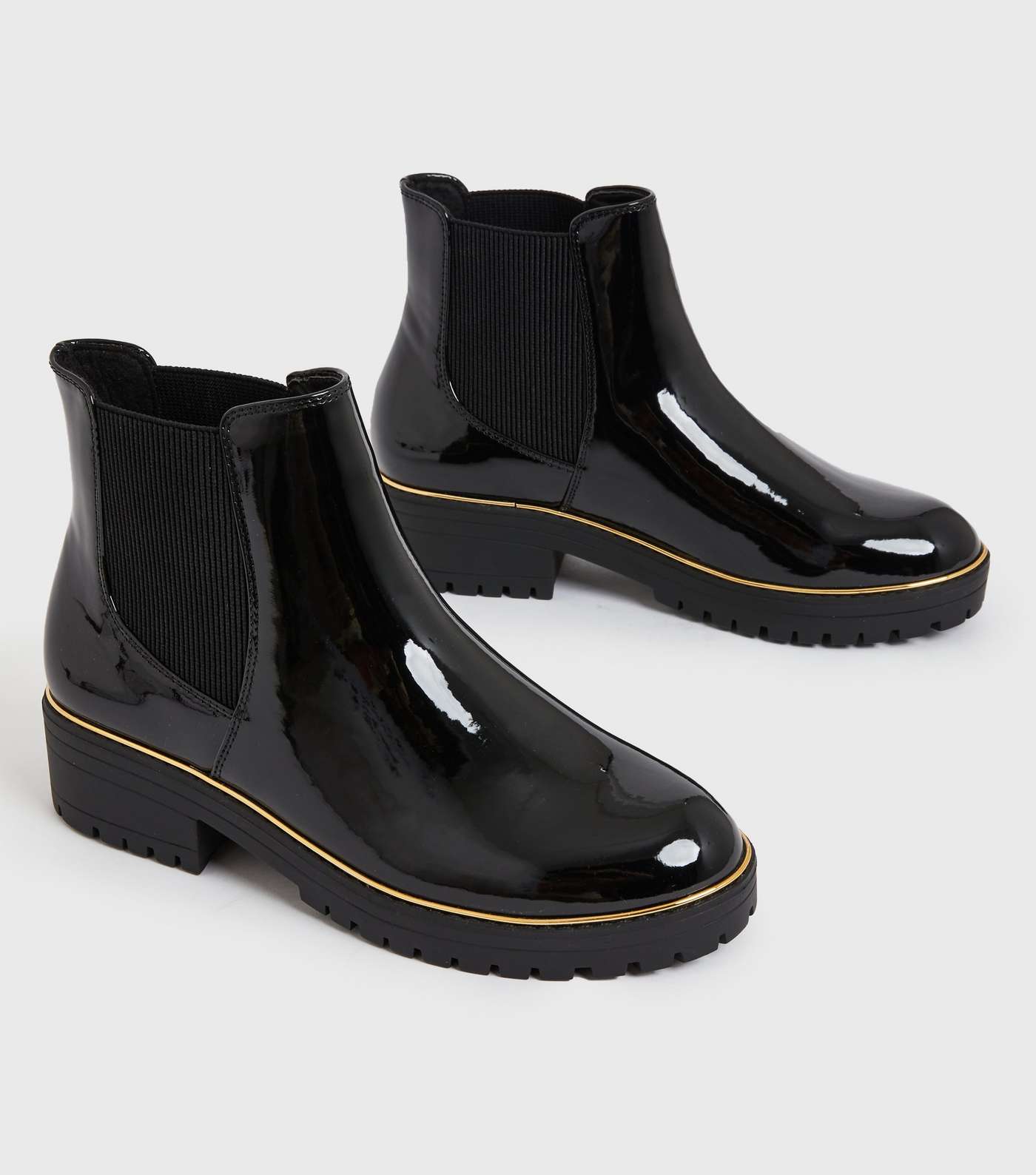 Wide Fit Black Patent Metal Trim Chunky Chelsea Boots Image 4