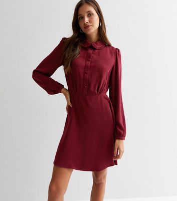 Burgundy Collared Button Front Mini Shirt Dress