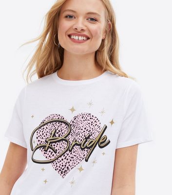 White Leopard Print Heart Bride Logo T-Shirt | New Look