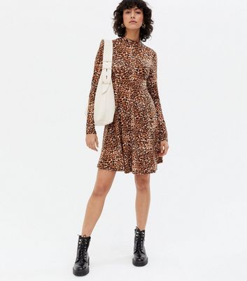 high neck animal print dress High Neck Tiered Midi Leopard Print