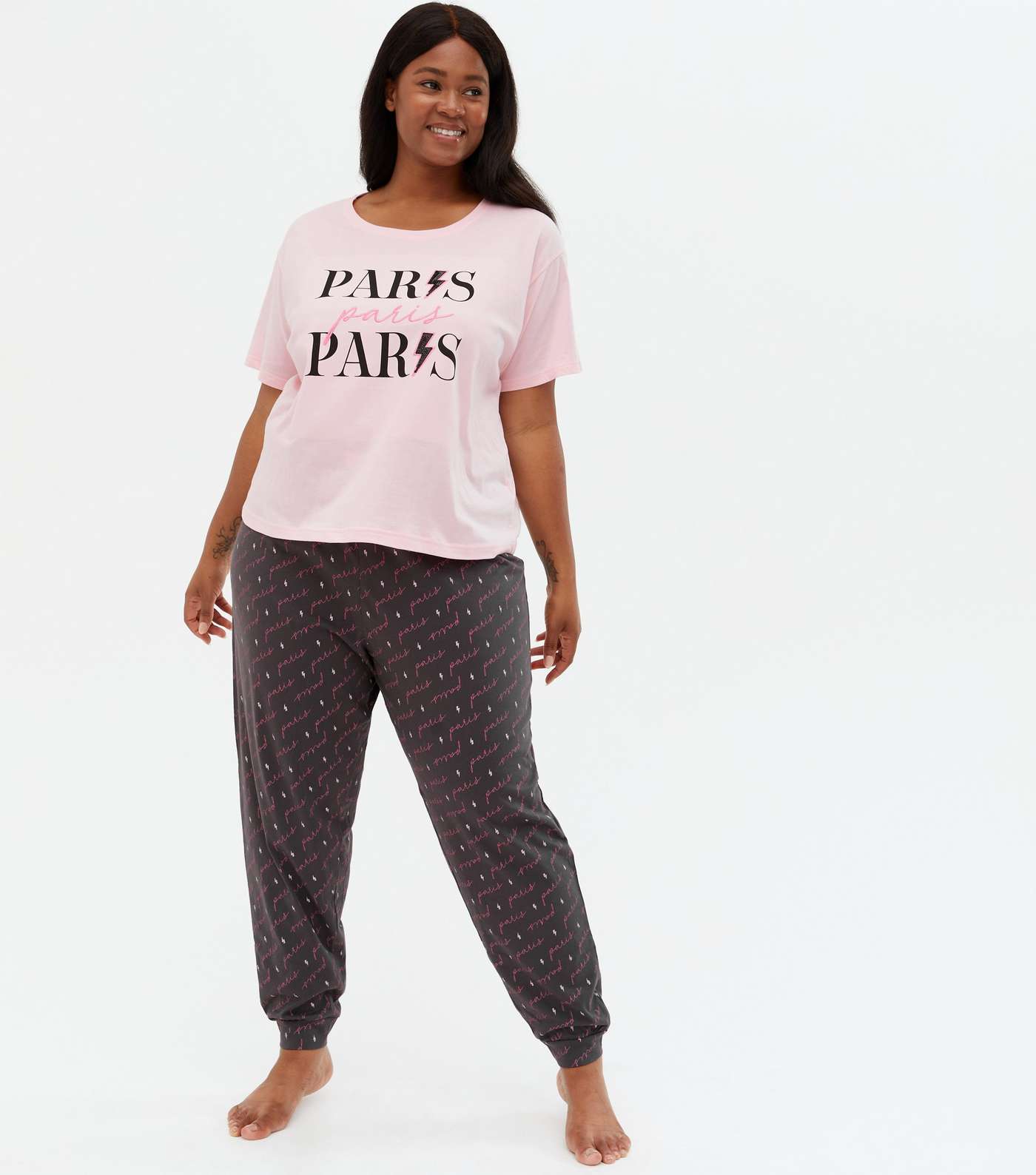Curves Pink Paris Sequin Logo Jogger Pyjama Set