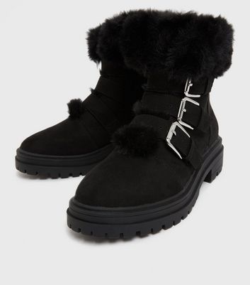 Black Faux Fur Trim Chunky Ankle Boots New Look Vegan