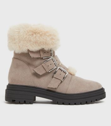 Light Brown Faux Fur Trim Chunky Ankle Boots New Look