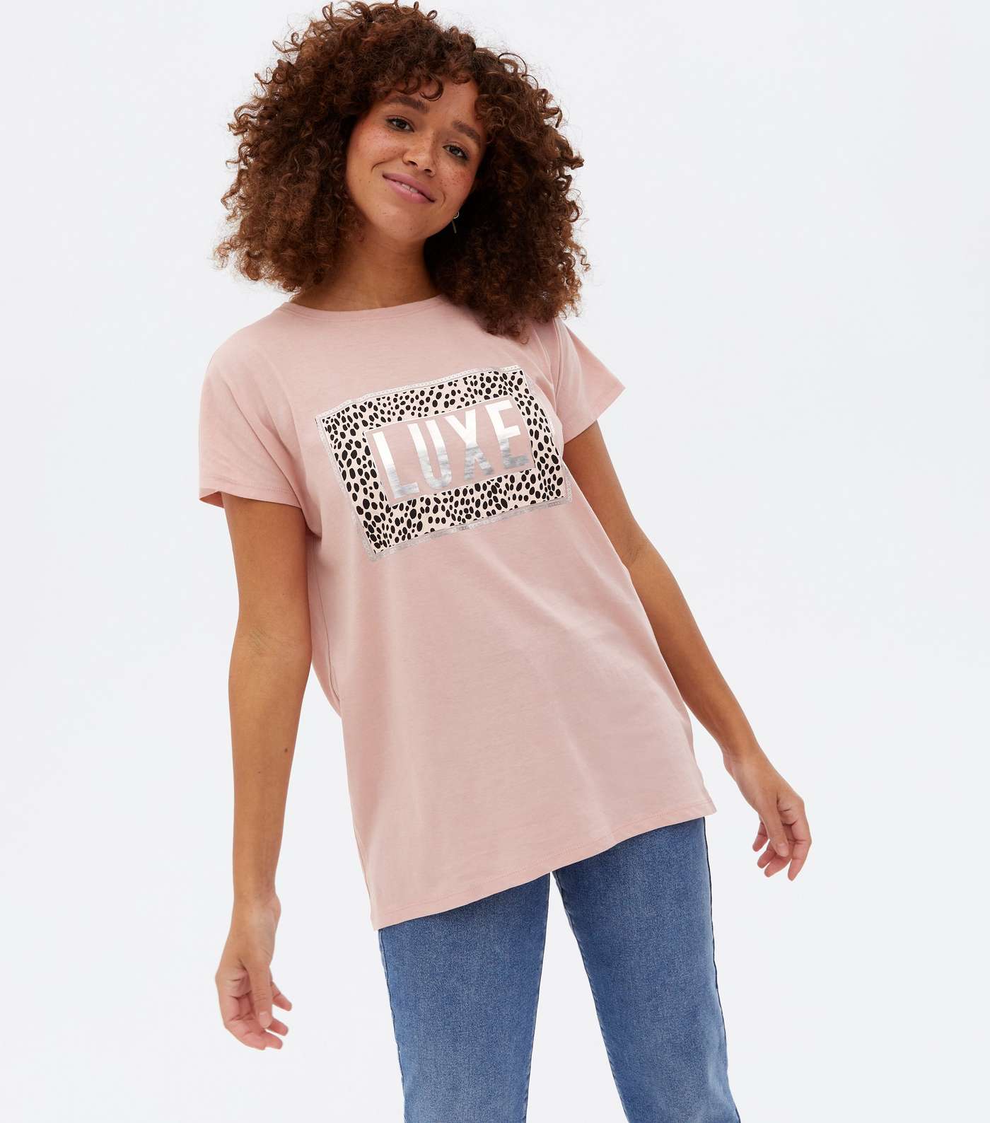 Pale Pink Leopard Print Metallic Luxe Box Logo T-Shirt