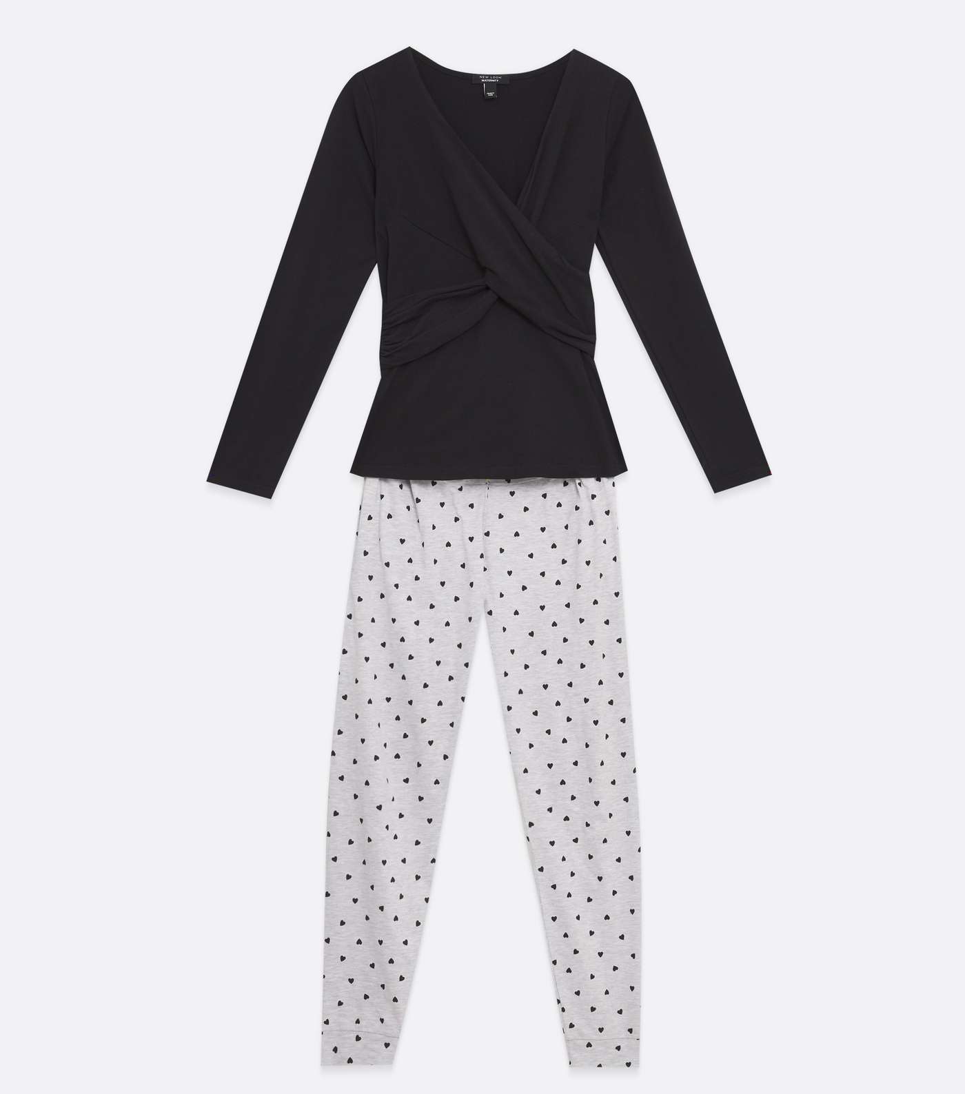 Maternity Black Jogger Pyjama Set with Heart Print Image 5