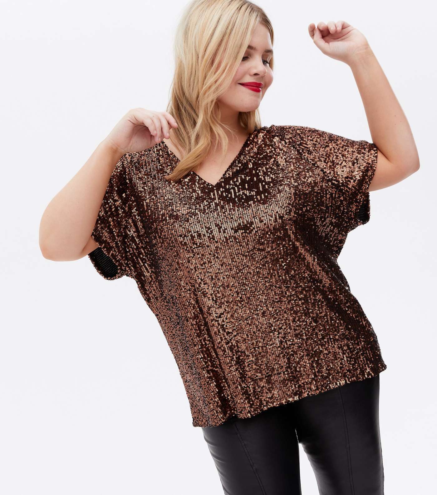 Curves Rose Gold Sequin Boxy T-Shirt Image 2