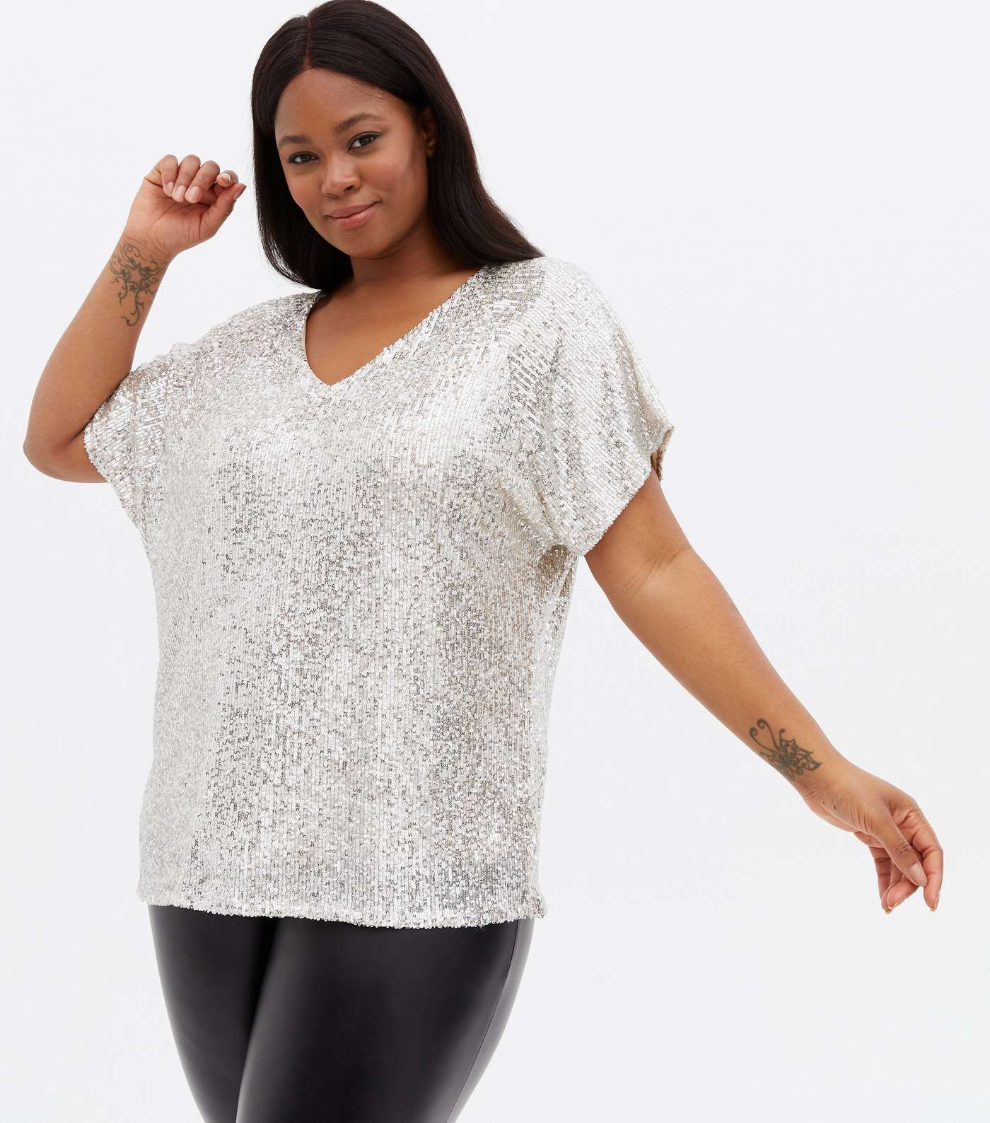 Curves Silver Sequin Boxy T-Shirt