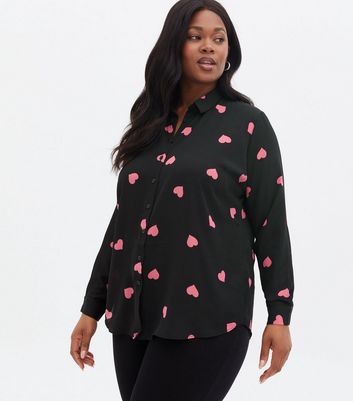 Curves Black Heart Print Long Shirt 