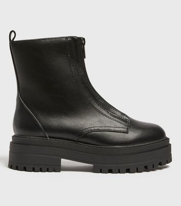 shop for Black Leather-Look Zip Front Faux Fur Lined Chunky Ankle Boots New Look Vegan at Shopo