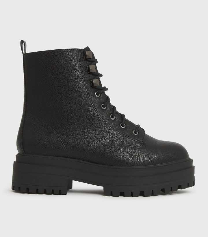 Wide Fit Black Chunky Lace Up Boots