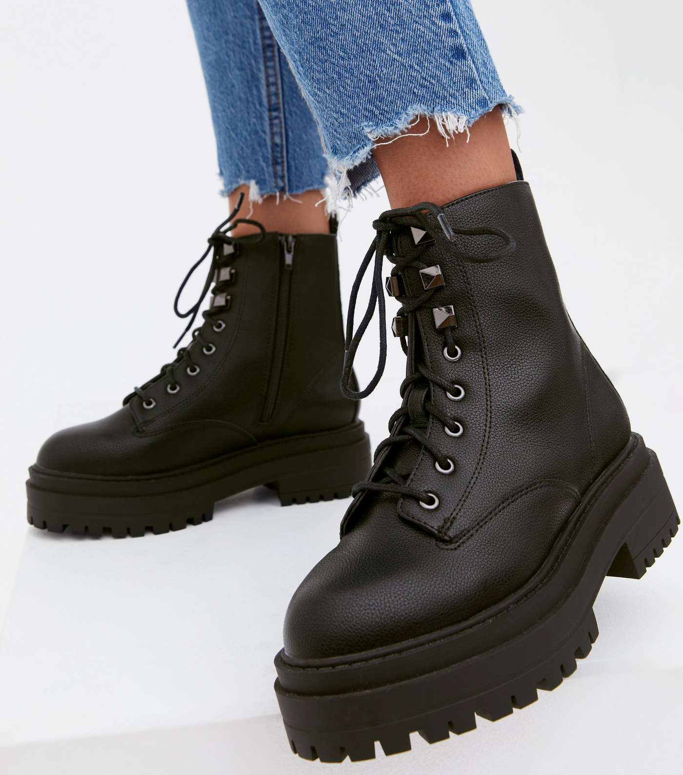 Wide Fit Black Chunky Lace Up Boots Image 2