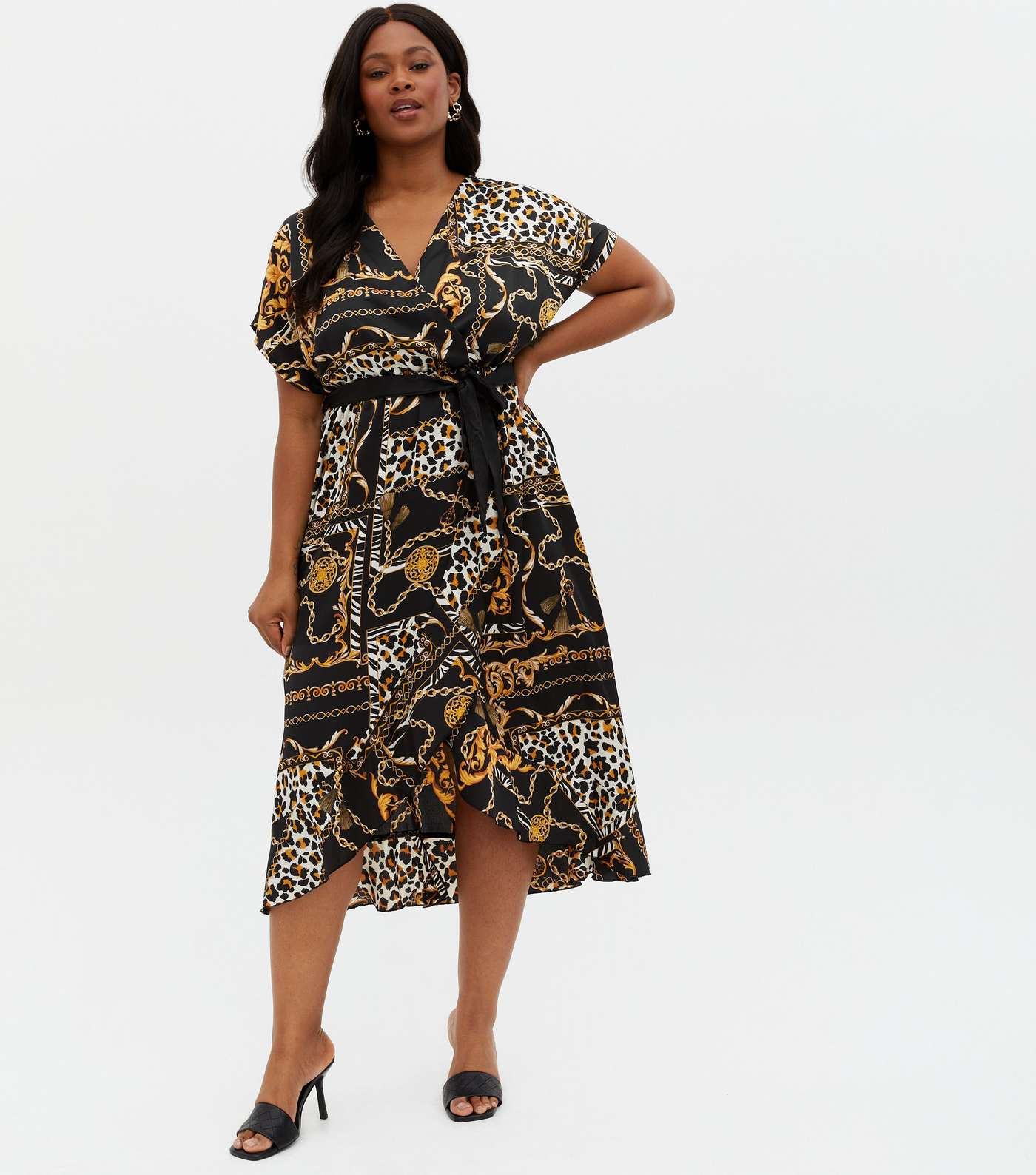 Curves Black Chain Leopard Print Satin Midi Wrap Dress