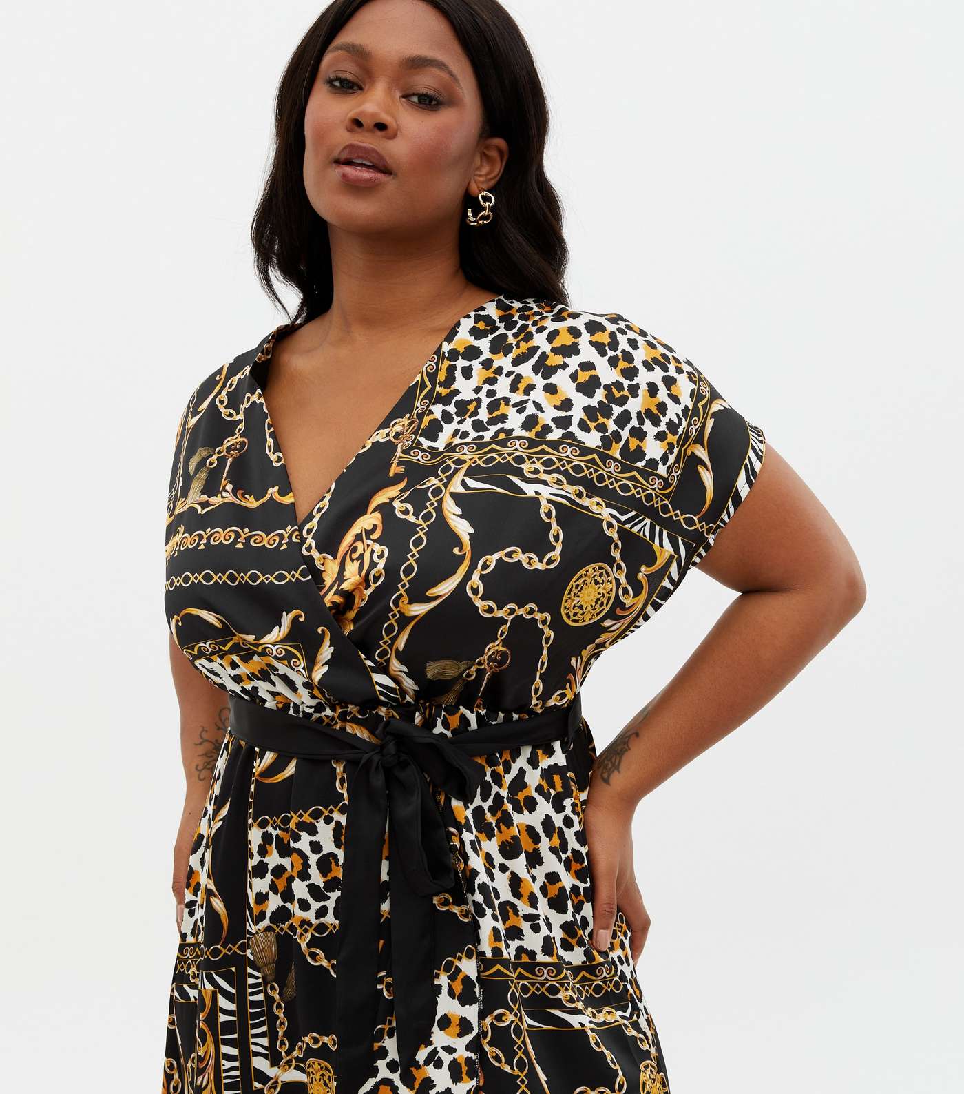 Curves Black Chain Leopard Print Satin Midi Wrap Dress Image 3