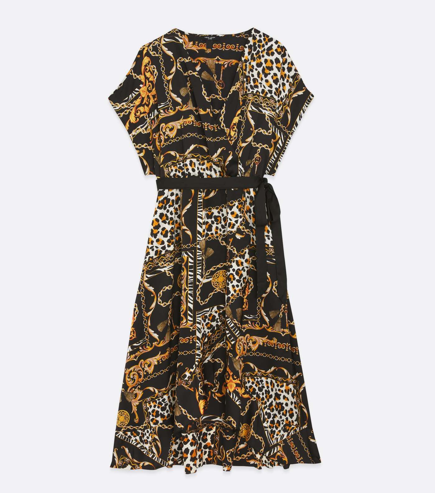 Curves Black Chain Leopard Print Satin Midi Wrap Dress Image 5