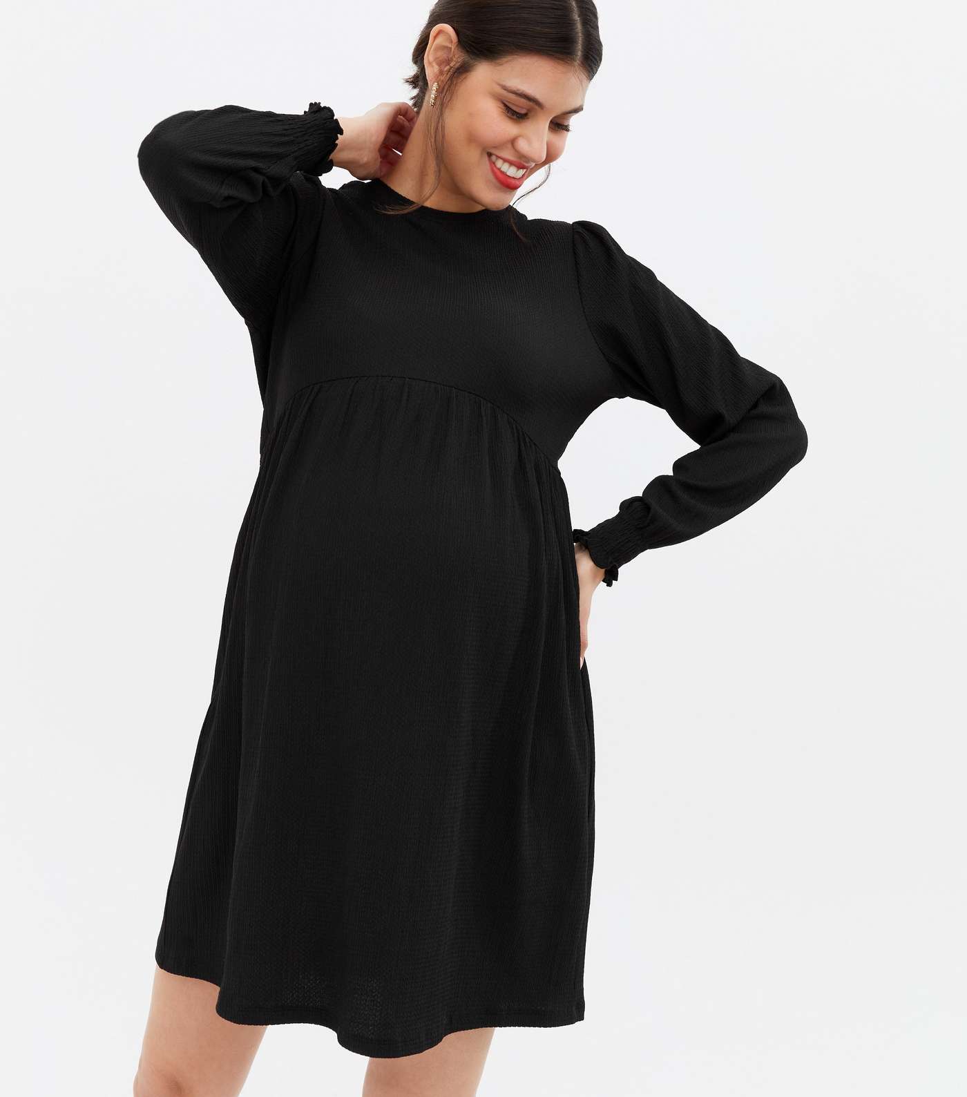 Maternity Black Crinkle Long Sleeve Mini Oversized Smock Dress