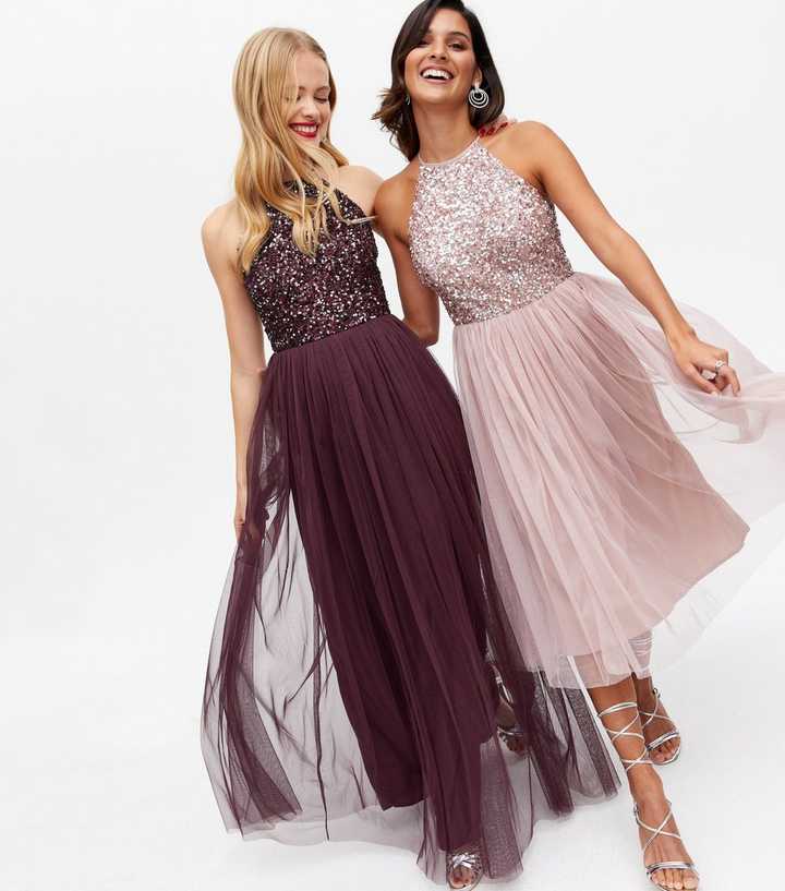 Maya Burgundy Sequin Halter Maxi Dress | New Look