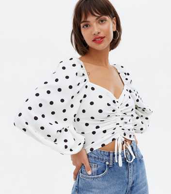 White Spot Ruched Tie Front Crop Top