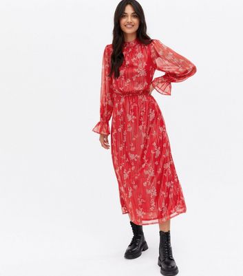 red floral high neck dress