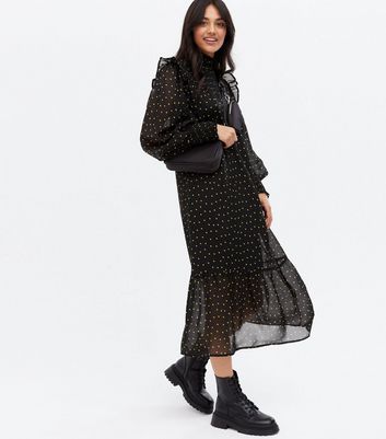 Black Spot Chiffon Frill Midi Oversized 
