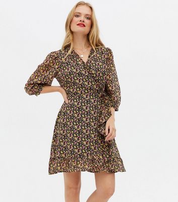 Black Floral Frill Mini Wrap Dress