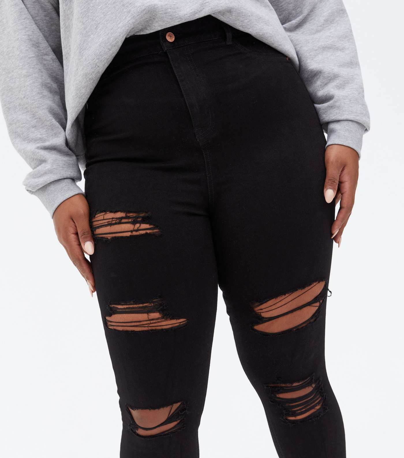Curves Black Ripped High Rise Ashleigh Skinny Jeans Image 3