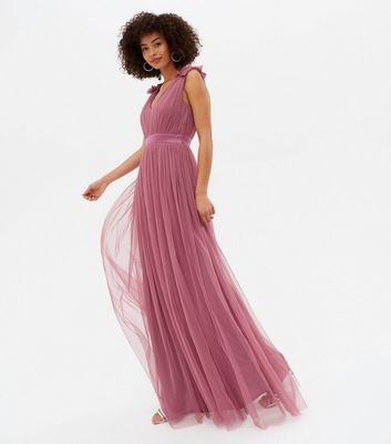 Maya Tall Pink Chiffon Ruffle Shoulder Maxi Dress New Look