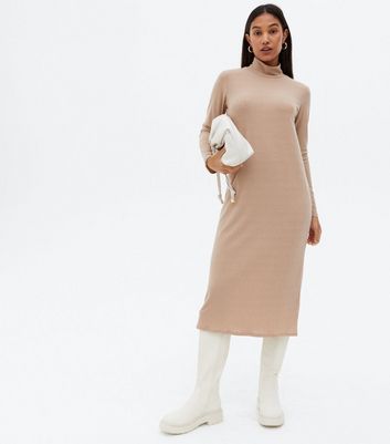 Camel Ribbed High Neck Long Sleeve Midi 