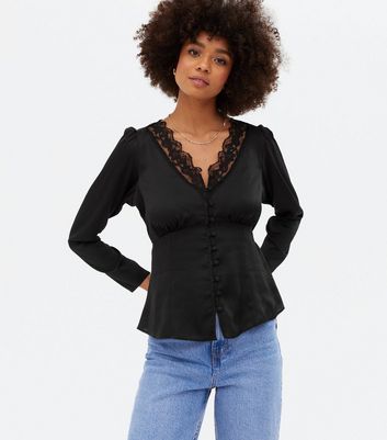 Black Satin Lace Button Front Tea Blouse | New Look