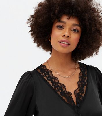 Black Satin Lace Button Front Tea Blouse | New Look