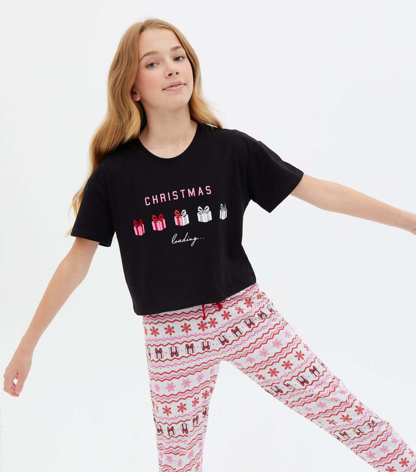 Girls Black Christmas Loading Logo Jogger Pyjama Set Image 2