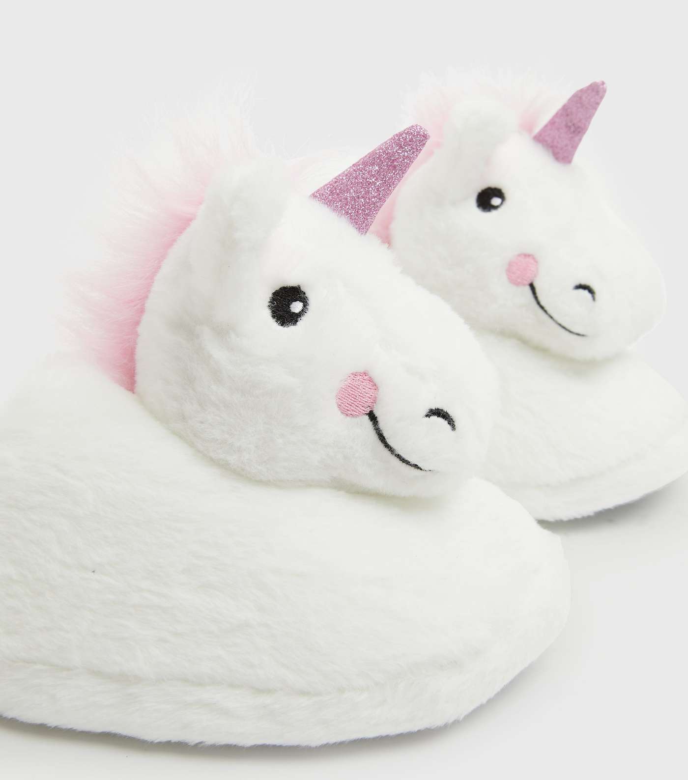 Girls White Unicorn Faux Fur Mule Slippers Image 4