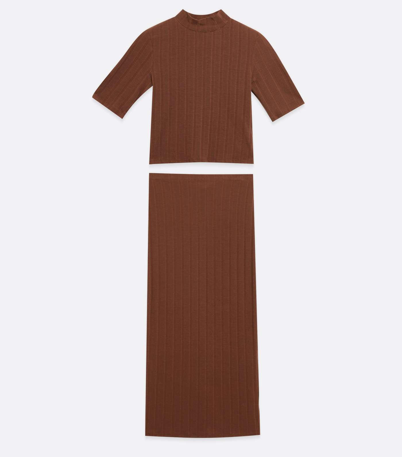 Light Brown Ribbed High Neck Top and Midi Skirt Set Image 5