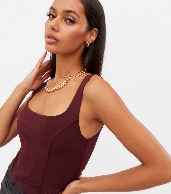 Burgundy Satin Square Neck Corset Crop Top New Look