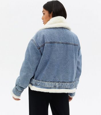 Click to view product details and reviews for Petite Blue Denim Faux Fur Lined Aviator Jacket New Look.