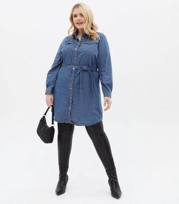 Curves Blue Denim Belted Long Shirt New Look