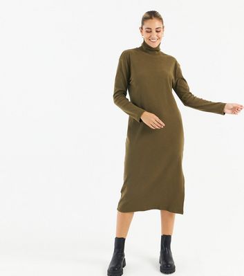 Zibi London Khaki Ribbed Roll Neck Midi 