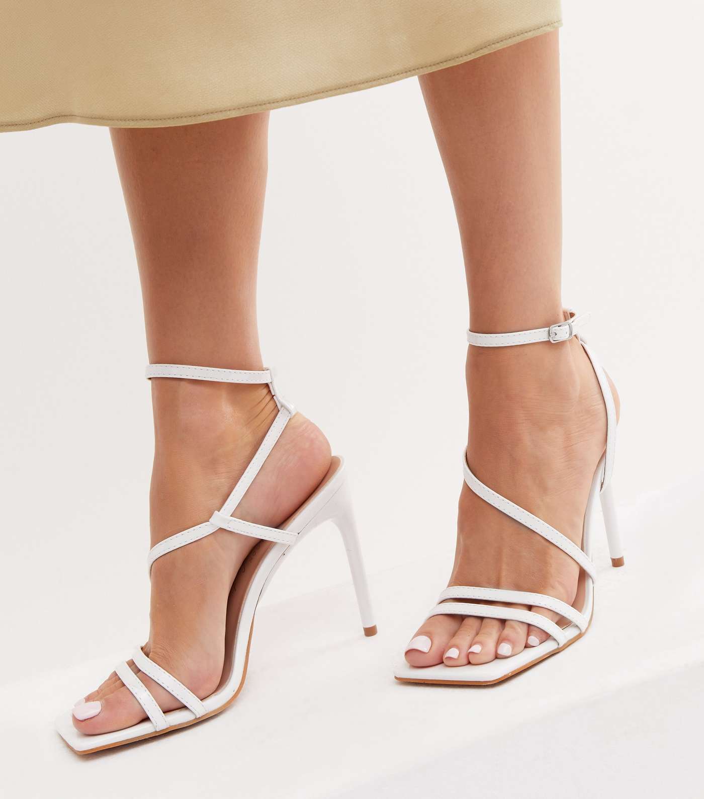 White Strappy Stiletto Heel Sandals Image 2
