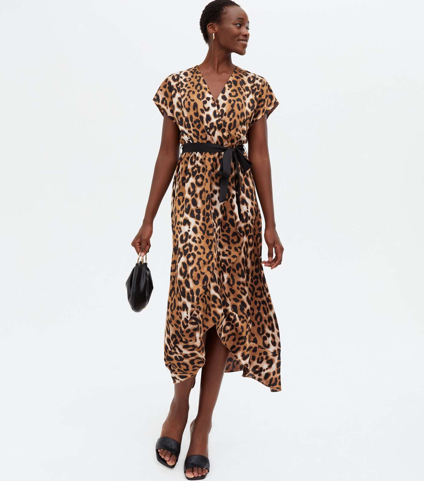 Tall Brown Leopard Print Satin Ruffle Midi Wrap Dress Image 2
