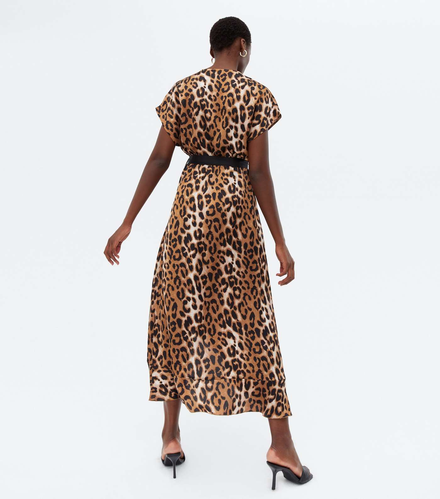 Tall Brown Leopard Print Satin Ruffle Midi Wrap Dress Image 4
