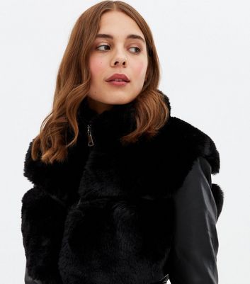 Click to view product details and reviews for Blue Vanilla Black Leather Look Faux Fur Trim Jacket New Look.