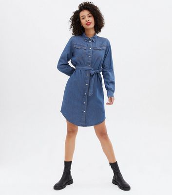 Tall Blue Denim Belted Mini Shirt Dress New Look