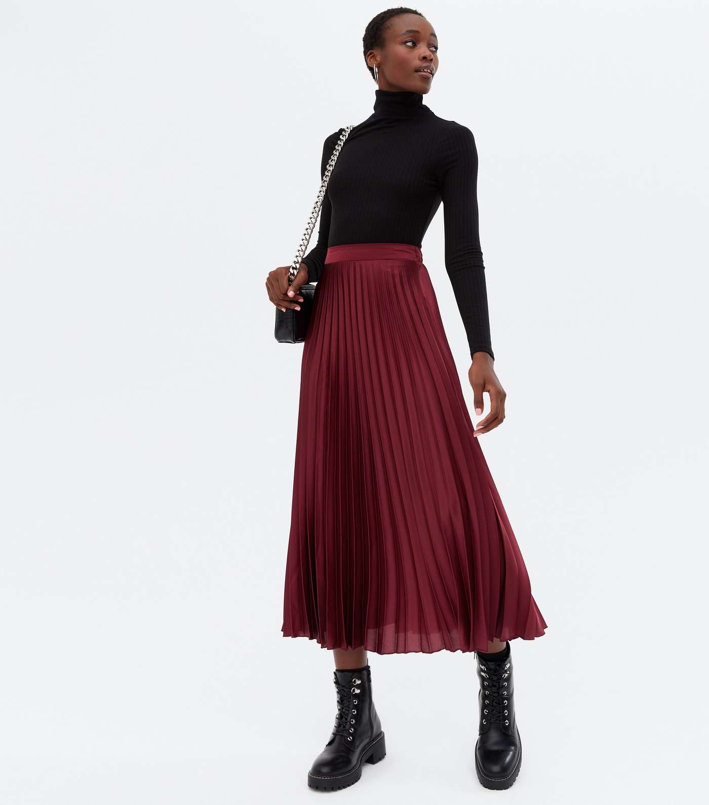 Tall Burgundy Satin Pleated Midi Skirt